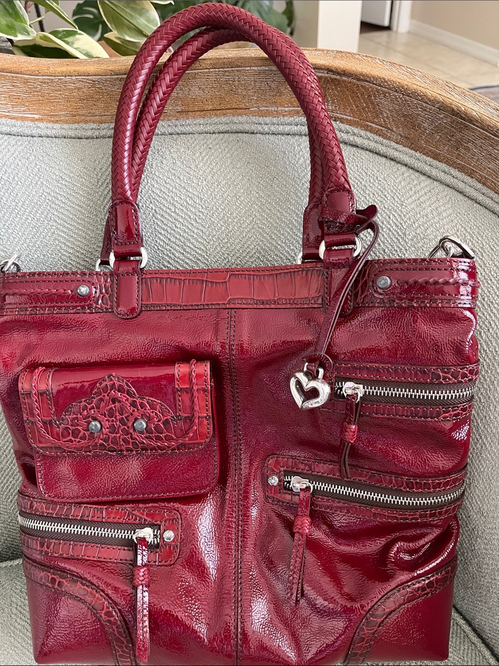 Brighton Burgundy Patent Leather Shoulder Tote with Heart Charm